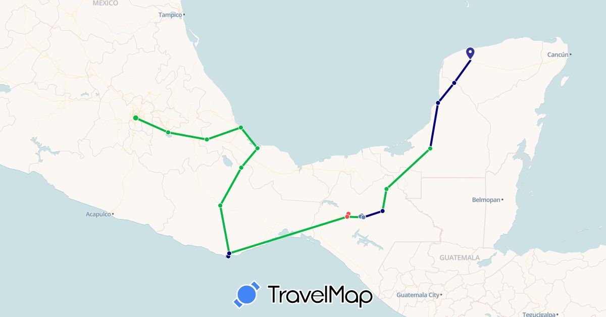 TravelMap itinerary: driving, bus, plane, cycling, hiking in Mexico (North America)